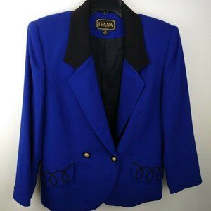 Ivana Trump Dark Blue Blazer with Black Collar and Pocket Embroidery. Size 12